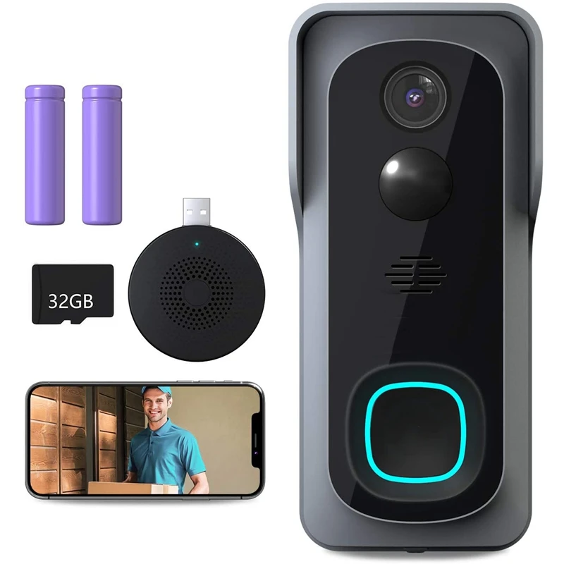 

Видеозвонок дверной беспроводной с Wi-Fi, 1080P HD, 32 ГБ