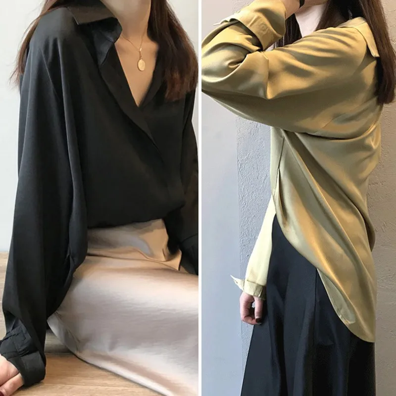 

Women's Blouse Korean Comfortable Natural Elegance V-neck Solid Color Loose Lazy Style Long Sleeve Shirt