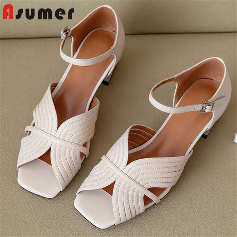 

ASUMER 2020 top quality genuine leather shoes women sandals 4.5cm square heels fashion casual shoes ladies summer shoes