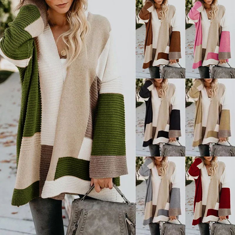 

Women's Sweater V-neck Autumn 2021 Winter Geometric Splicing All-match Large Size Loose Fashion Cardigan for women Women's coat