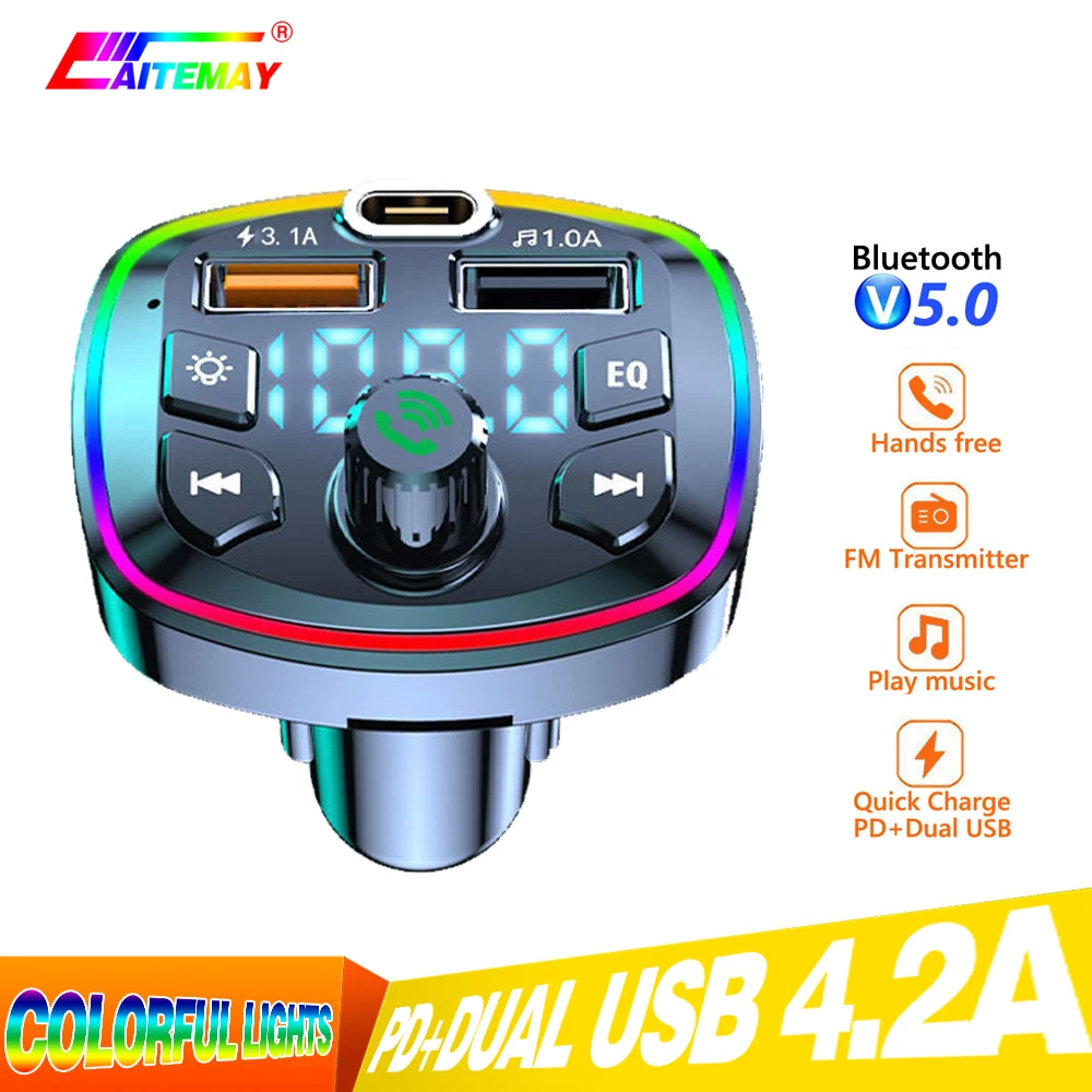 

LED Backlit Car Bluetooth 5.0 FM Transmitter PD 18W Type-C Dual USB 4.2A Fast Charger Atmosphere Light MP3 Player Lossless Music