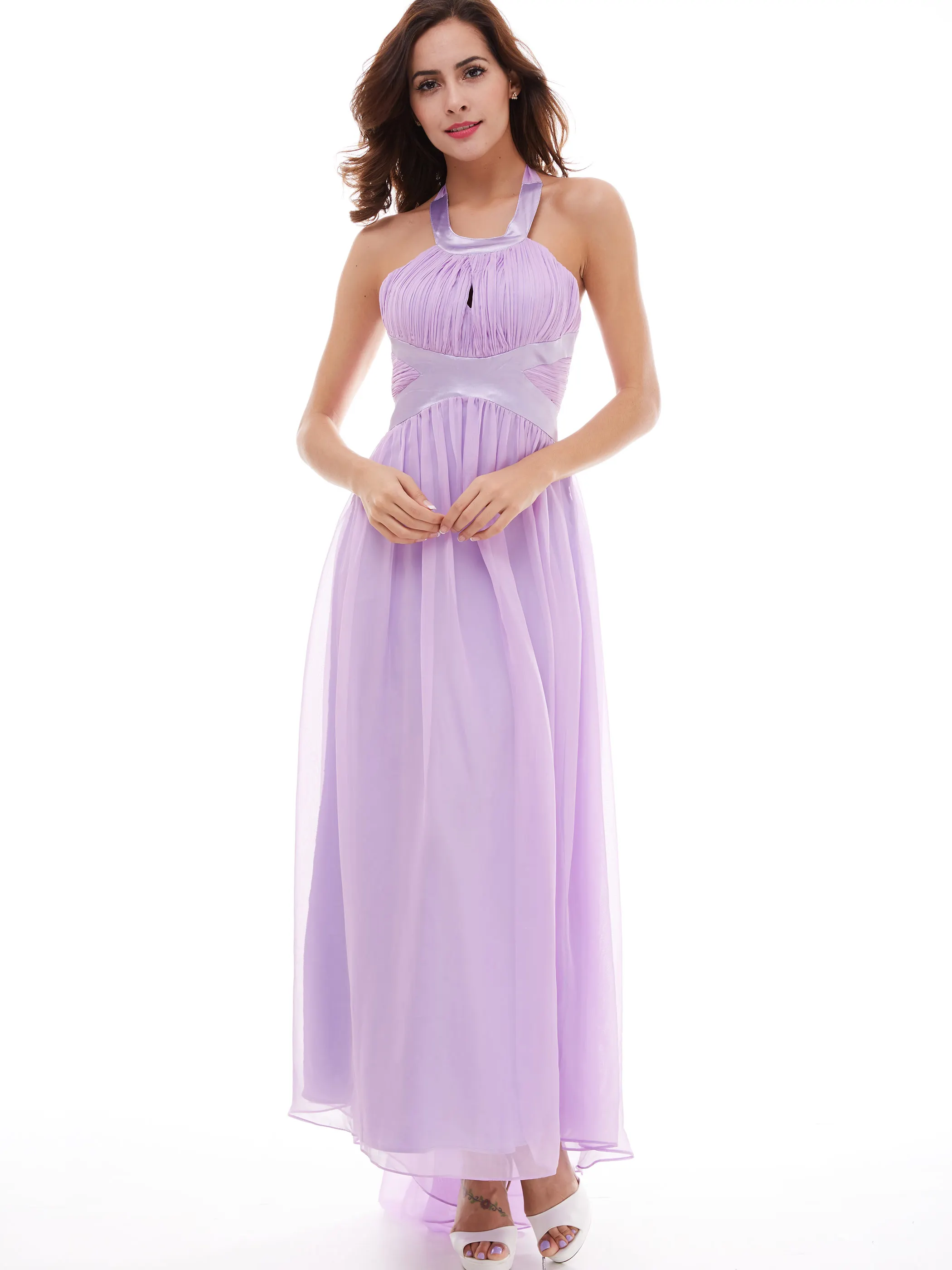 

Tanpell halter long prom dress new lilac sweep train floor length a line gown women empire draped formal graduation prom dresses