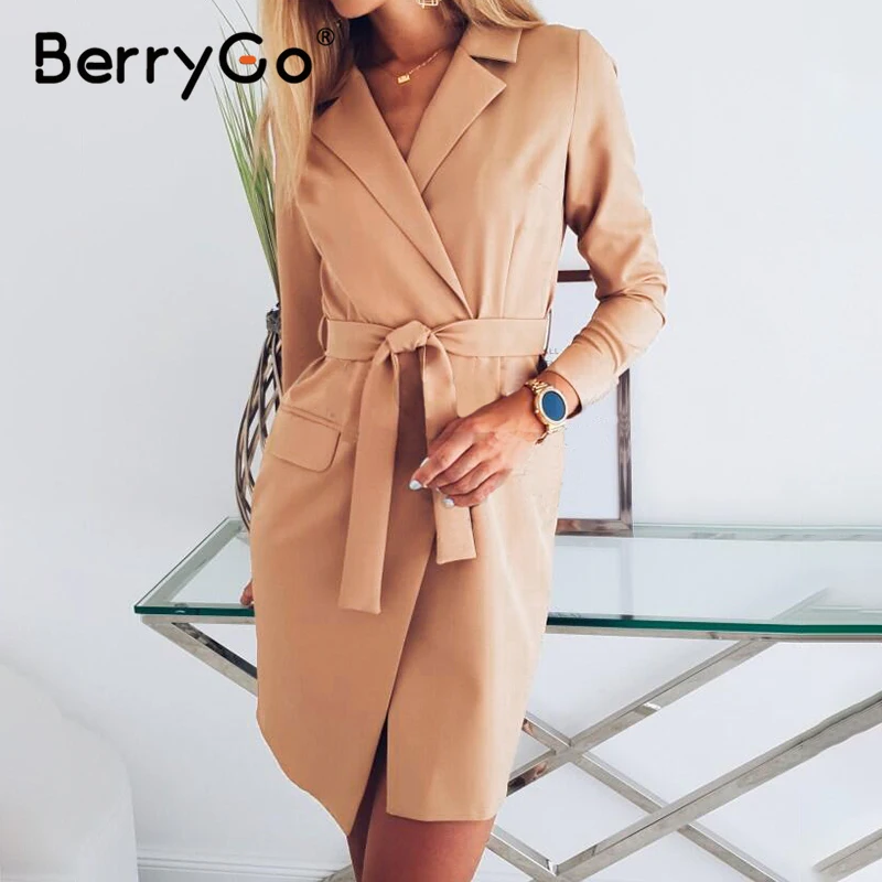 BerryGo v образный вырез офисное женское платье Блейзер элегантное с поясом длинный