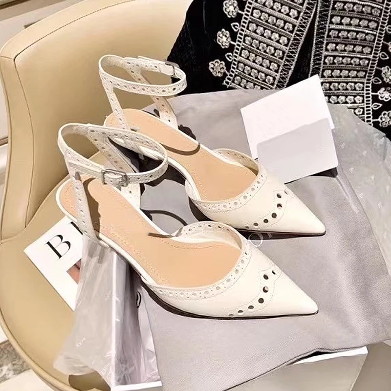 

Europe and the United States women's shoes 2021 British style sandal strap sandals metal fastener pointed low heel sandals