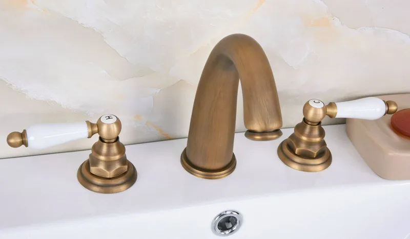 

Vintage Antique Brass 2 Ceramic Handle Deck-Mount 3 Hole Widespread Bathroom Lavatory Bathtub Basin Faucet Sink Mixer Tap dan078