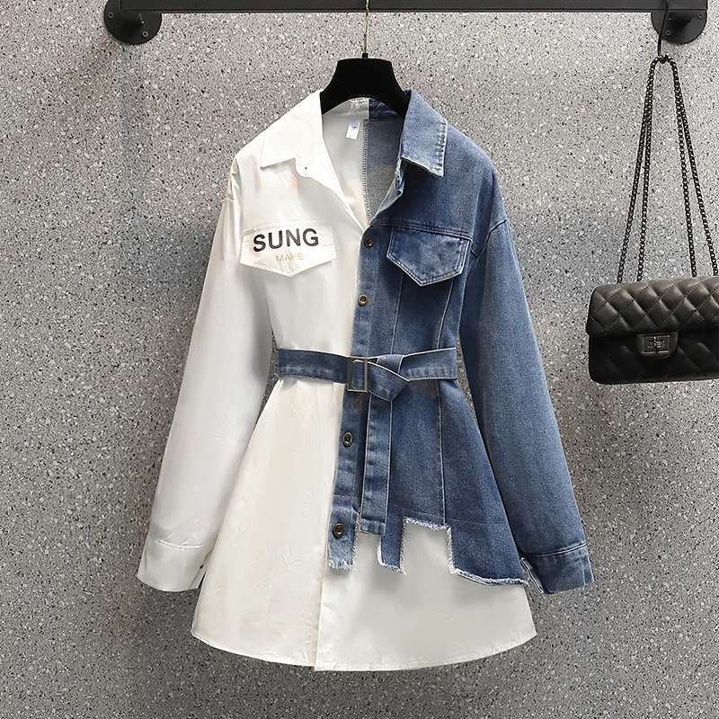 Женская джинсовая рубашка в стиле пэчворк белая Повседневная модная блузка с