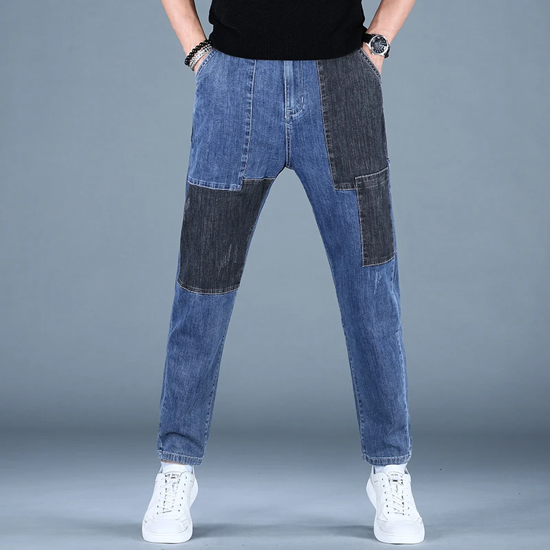 

Summer Mens Blue Baggy Jeans Men Fashion Spliced Denim Pants