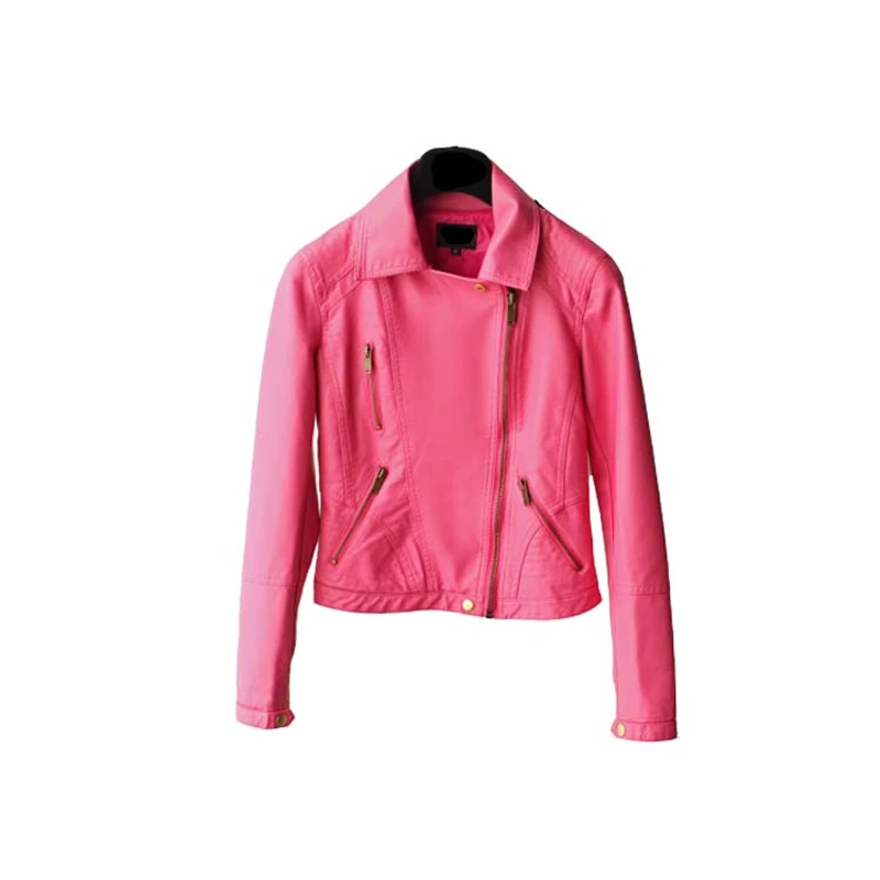 Hot Pink Cropped Zip Up Faux Leather Biker Jacket for Women Cute Ladies Slim Fit Slant Zipper Black PU Leather Moto Jacket enlarge