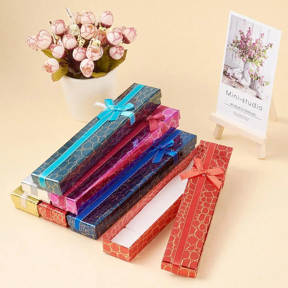 

12pcs Cardboard Jewelry Gift Packaging Box Rectangle Necklace Bowknot/Flowers Cases With Sponge Jewellery Organizer Mixed Color