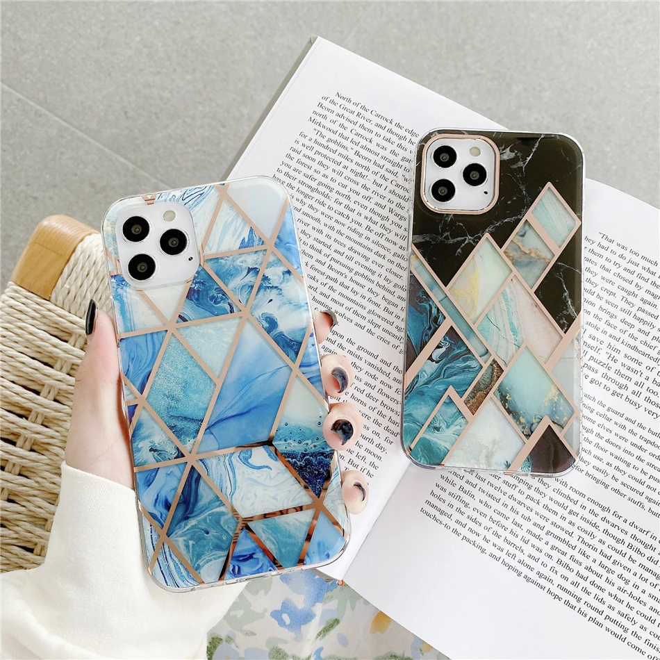 

Luxury Blue Electroplated Gold Geometric Pink Marble Phone Case For iPhone 12 13 11 Pro XS Max XR 8 7 Plus SE20 IMD Back Cover