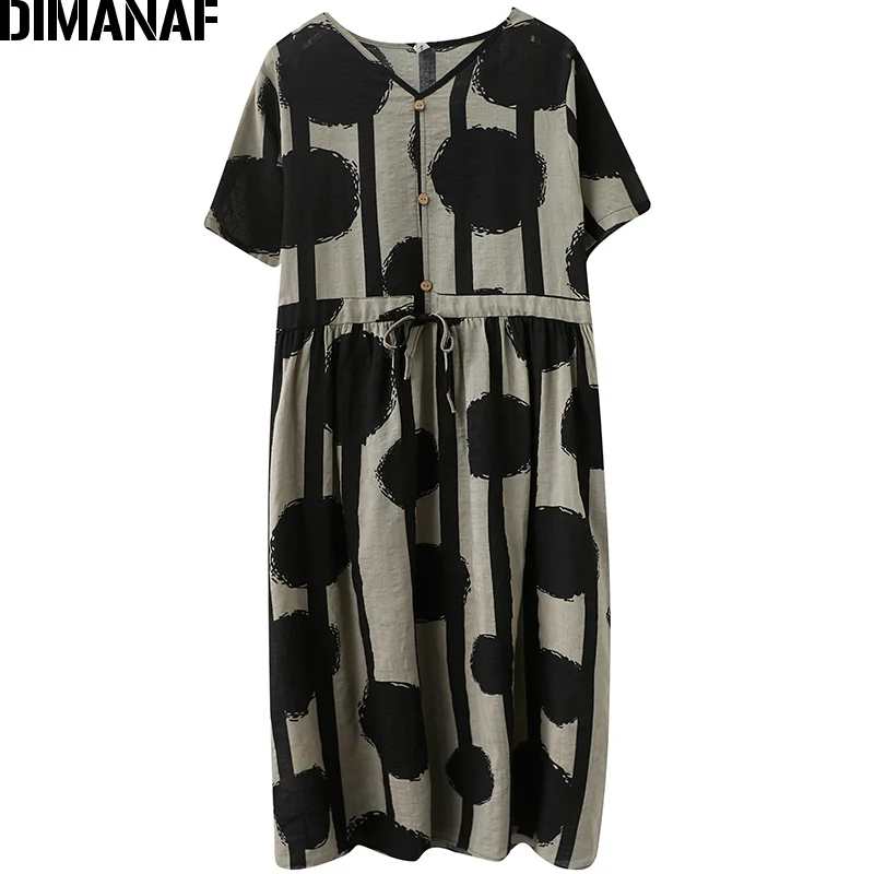 

DIMANAF 2021 Summer Shirts Dress Sundress Vintage Women Clothing Elegant Lady Long Dress Cotton Casual Loose Black Sashes Dress