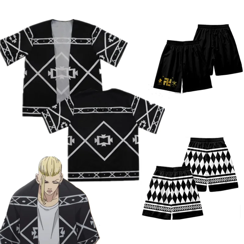 

Anime Tokyo Revengers Ken Ryuguji Cosplay Cloak Black T-shirt Haori Kimono Top Shirts 3 Styles for Summer Halloween Role Play