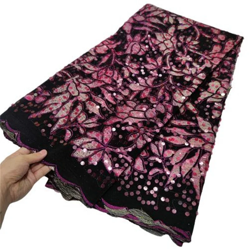 

Fuchsia French Sequins Tulle Lace Fabric Embroidery Nigerian Mesh Velvet Lace Fabrics 5 Yards African Lace Fabric For Wedding