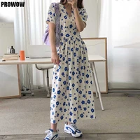 one piece summer women floral print dress korean elegant loose v neck puff sleeve dress 2021 fashion for ladies shirt dresses