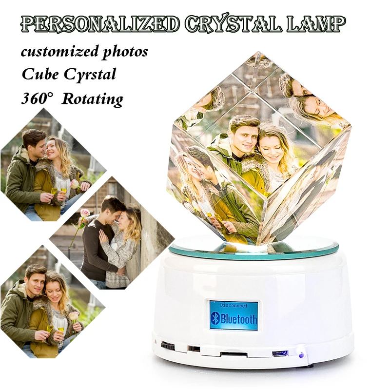 Custom 3 Photo Cube Crystal Frame Bluetooth Rotating LED Music Night Light Personalized Christmas Valentine's Day Gift for Lover