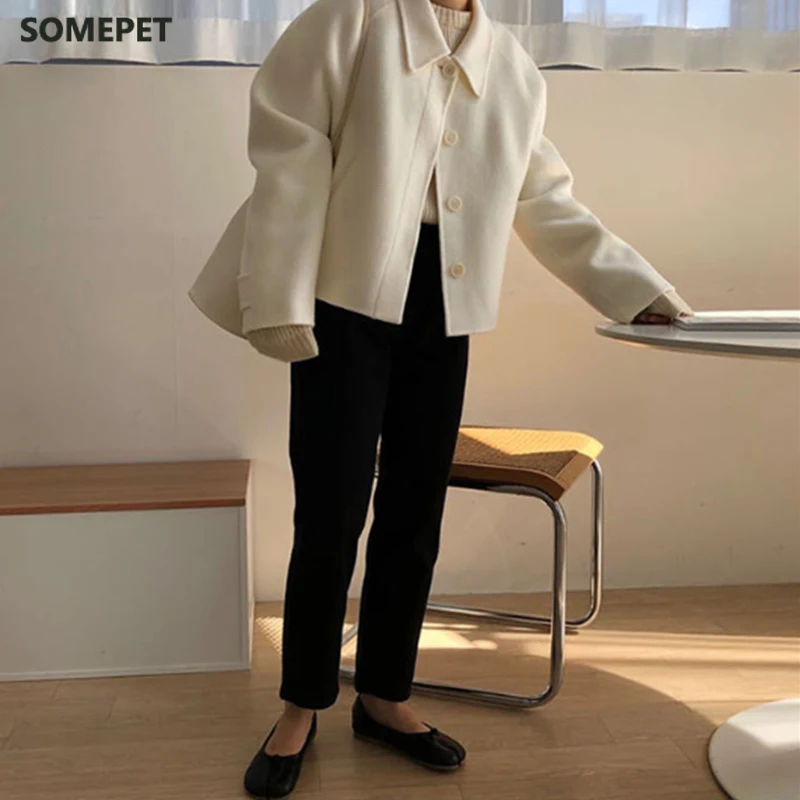 

Autumn Winter Women's Blends Korean Style Turn-Down Collar Solid Beige/Grey Warm Coat Female Elegant Long Sleeve Outerwear