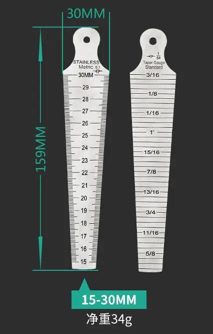 15-30mm metric Горячая 1-15 мм двухсторонняя клиновидная щупа из нержавеющей стали линейка сварочная инспекция конус манометр апертура шкала щель отверстие измерительный инструмент - Цвет: 15-30mm metric