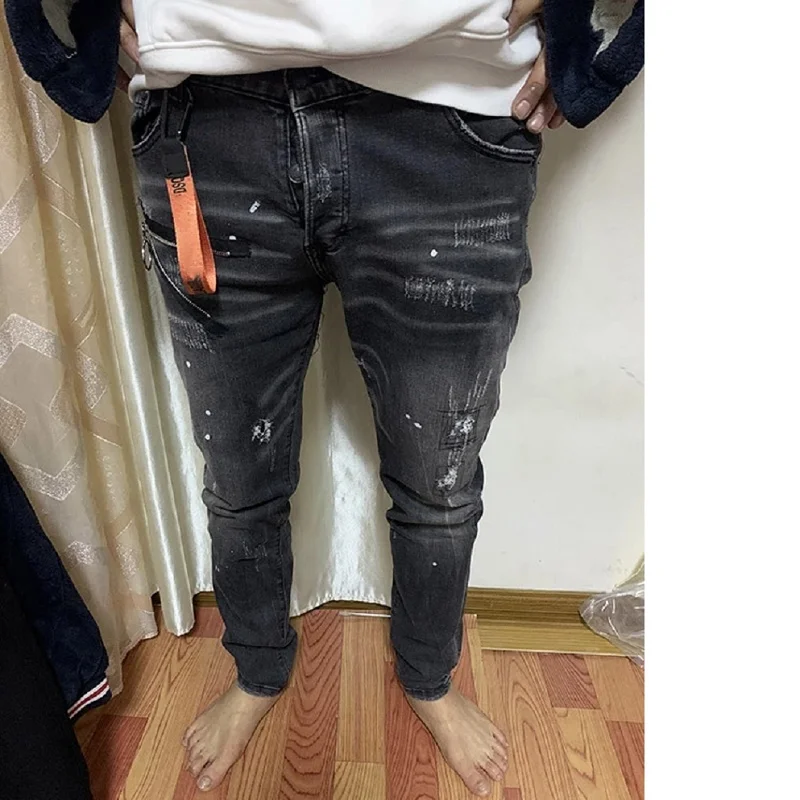 

Famous Brand European American Style Biker Jeans Men Slim Jeans Pants Mens Denim Trousers Zipper Black Hole Pencil Pants Jeans
