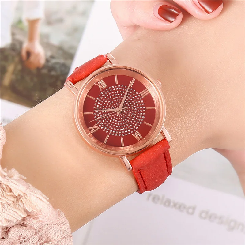 

New Style Starry Sky Dial Watches for Women Fashion Roman Scale Rhinestone Leather Ladies Quartz Watch Female Wrist Watch