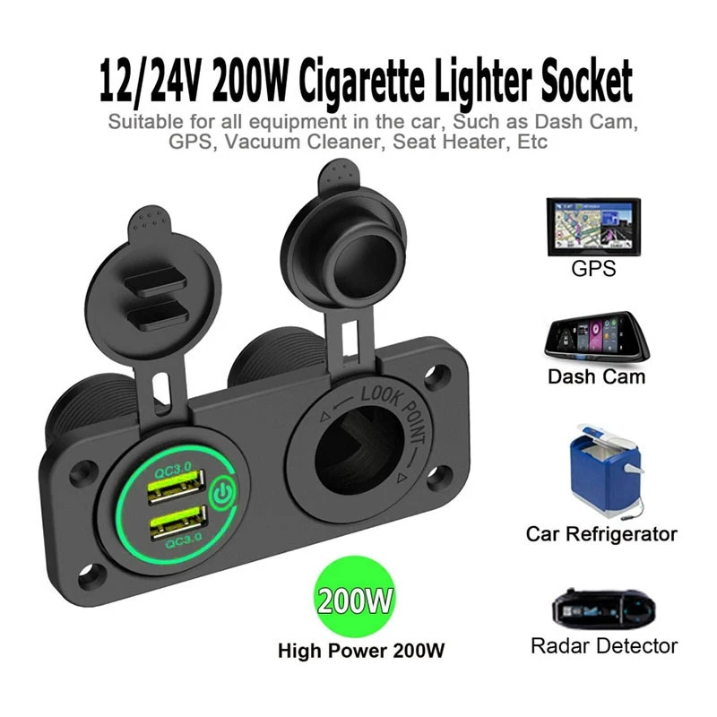 

QC 3.0 Dual USB Car Charger C-Igarette Lighter Socket 12V Fast Charger with Contact Switch for Boat Motorcycle Truck