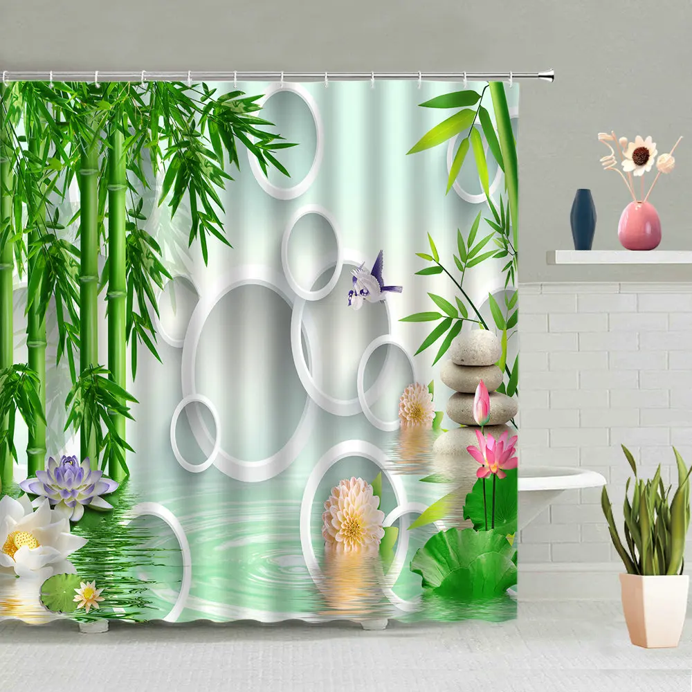 

3D Shower Curtain Sets Green Leaves Bamboo Plants Pink Lotus Flower Zen Stone Goldfish Bathtub Decor Screen Washable With Hooks