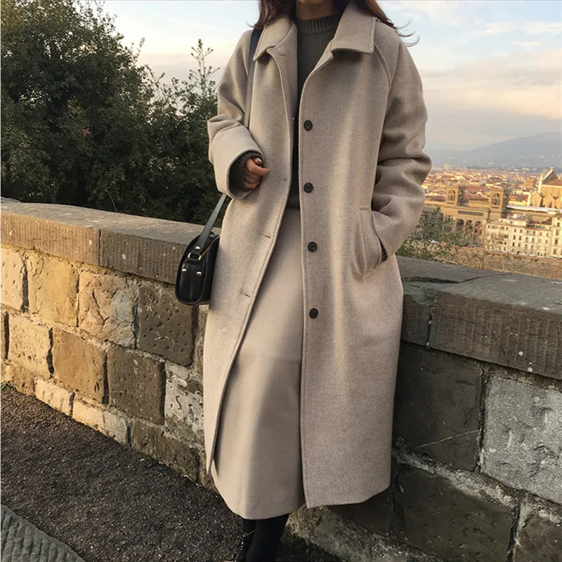 

Elegant Lapel Long Sleeve Button Wool Coats Office Lady Woolen Straight Fashion Long Coat Female Autumn Winter Warm Outerwear