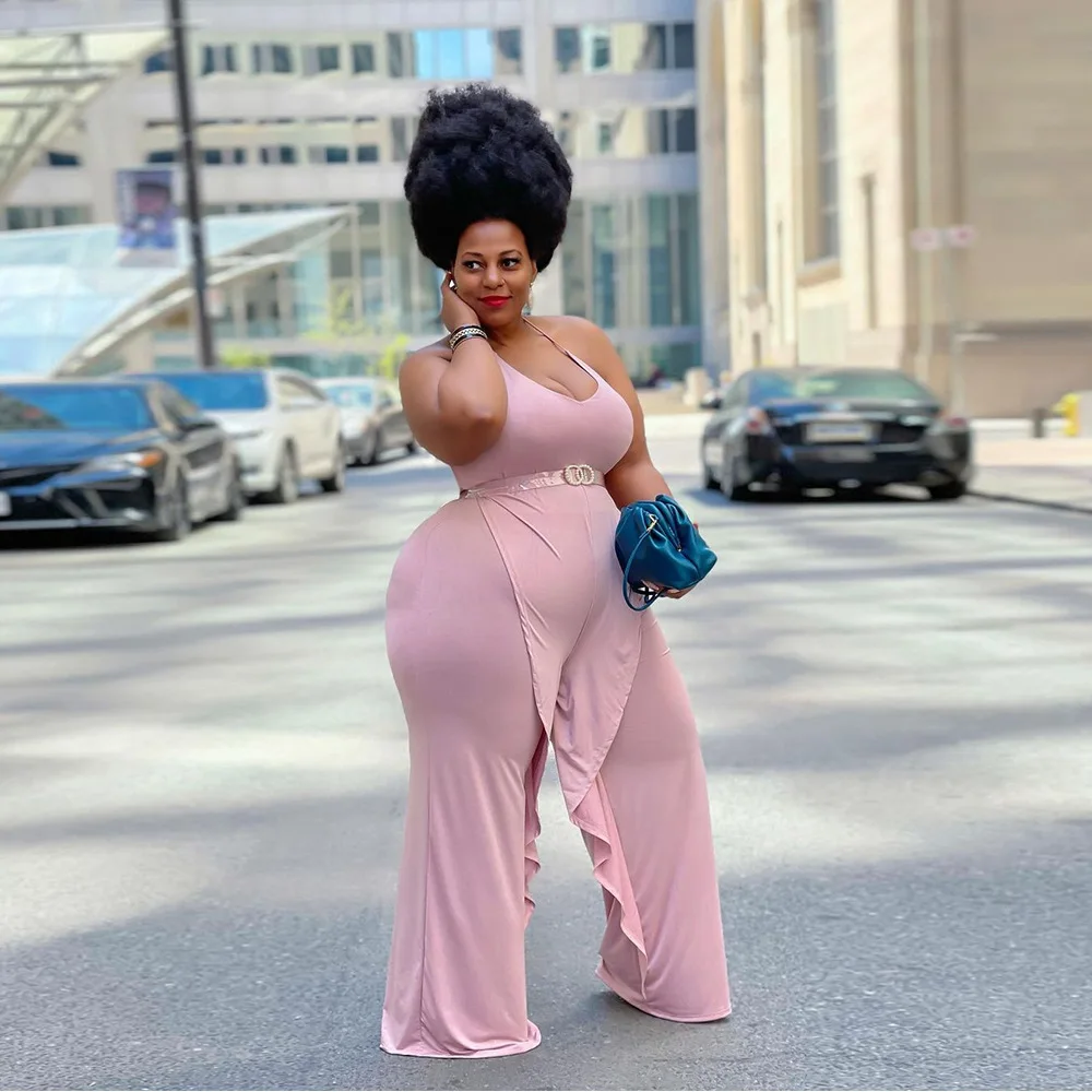 

RStylish Plus Size Women Clothing Solid Color Summer 2021 Sleeveless High Waist Halter Irregular Loose Jumpsuit