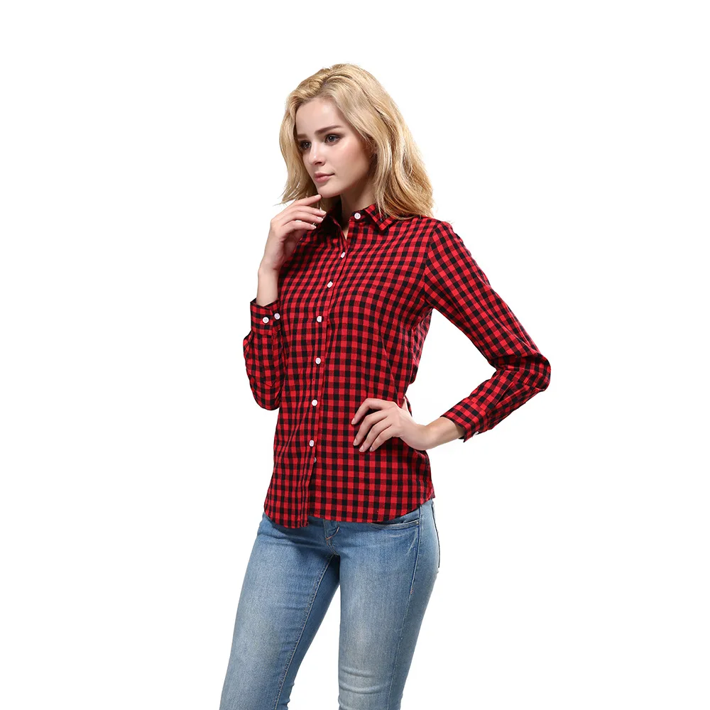 

Spring Autumn Cotton Women's Shirts Long Sleeve Turn Down Collar Plaid Print Female Cardigan Casual Ladies Blouse Tops S-5XL