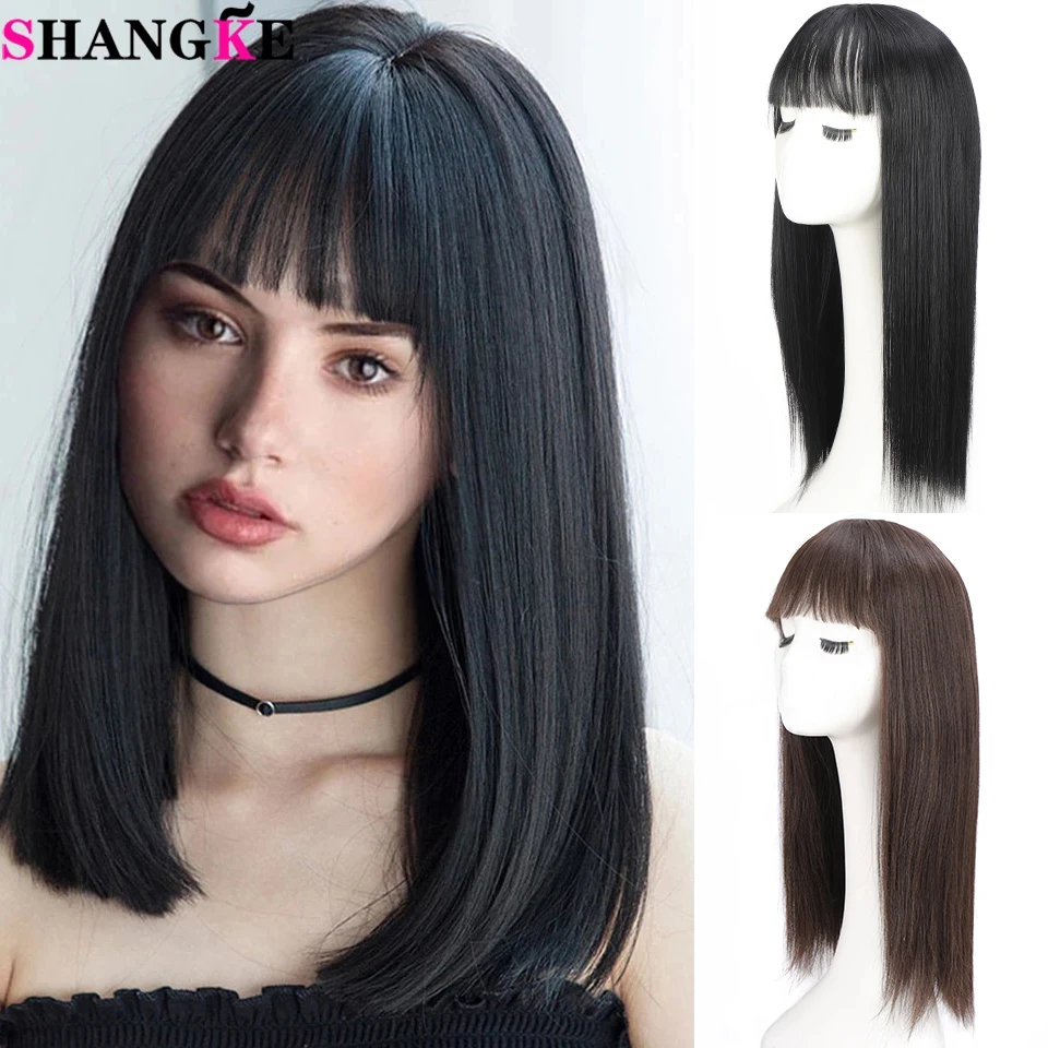 

SHANGKE Long Straight With Bangs Synthetic Wigs For Black/White Women Natural Black Brown Gray Heat Resistant Fiber Hair