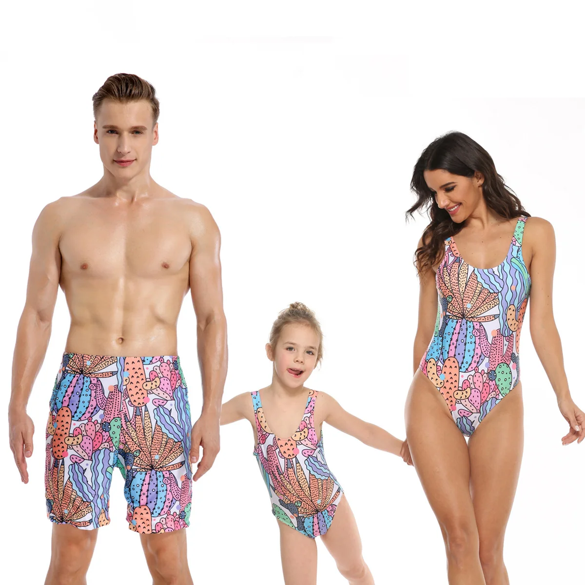 

Cactus Printed Family Matching Outfits Mother Daughter Swimwear Women Girl Bikini Dress Clothes Father Son Swimming Shorts
