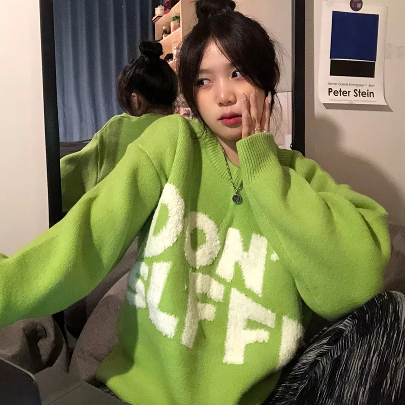 

Шерстяные свитера для женщин на осень и зиму, свободные вязаные пуловеры с круглым вырезом и длинным рукавом, женская одежда D2134 #