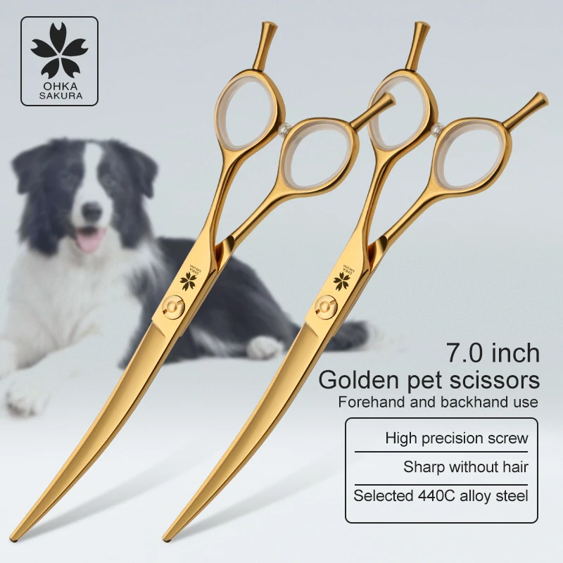 Professional pet scissors golden finishing bending shears 7 inch warping shears dog hair trimming shears beautician scissors