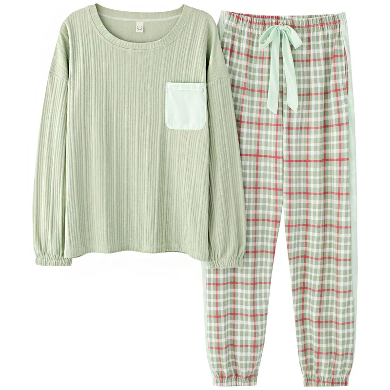 

Simple Fashion Woman Cotton Pajamas Spring Long-sleeved Pajama Set Round Neck Print Sleepwear Women Sexy Nightwear 2Piece Pijama