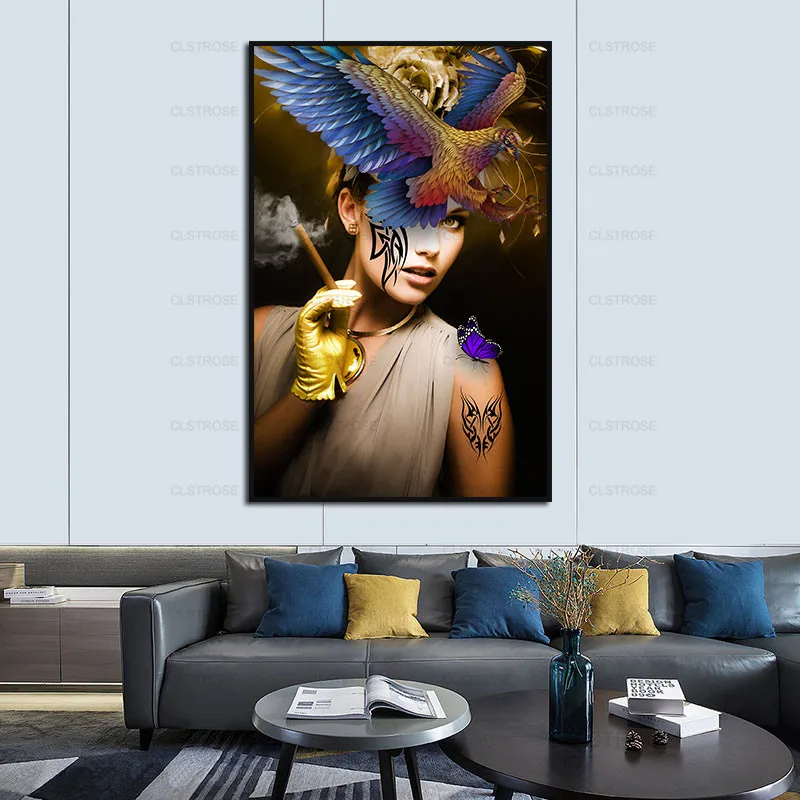 

Poster Art Painting of Flying Animals On Woman Face Wall Art Canvas Painting Korean Landscape and Prints Frameless Home Decorati