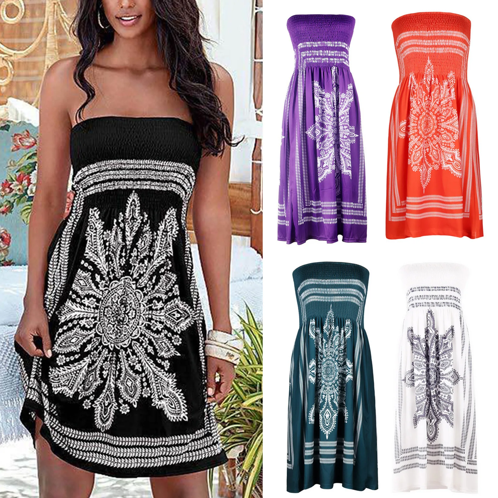 

Short Dress Fashion Sexy Women Summer Office Casual Loose Chest Wrapping Print Above Knee Slash Neck Plus Size Hem Vestidos