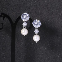elegant round imitation pearl dangle earrings for female dazzling women engagement wedding diamond pendant accessories