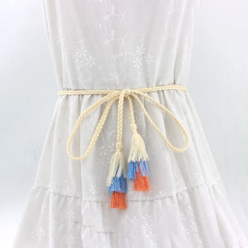 

Fashion Women Woven Belt Small Fresh Thin Braid Tassel Rope Waist Belts for Dresses Waistband Knot Decorated Cotton String