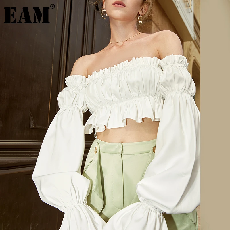

[EAM] Women White Ruffles Temperament Blouse New Slash Neck Long Sleeve Loose Fit Shirt Fashion Tide Spring Summer 2022 1DD8772
