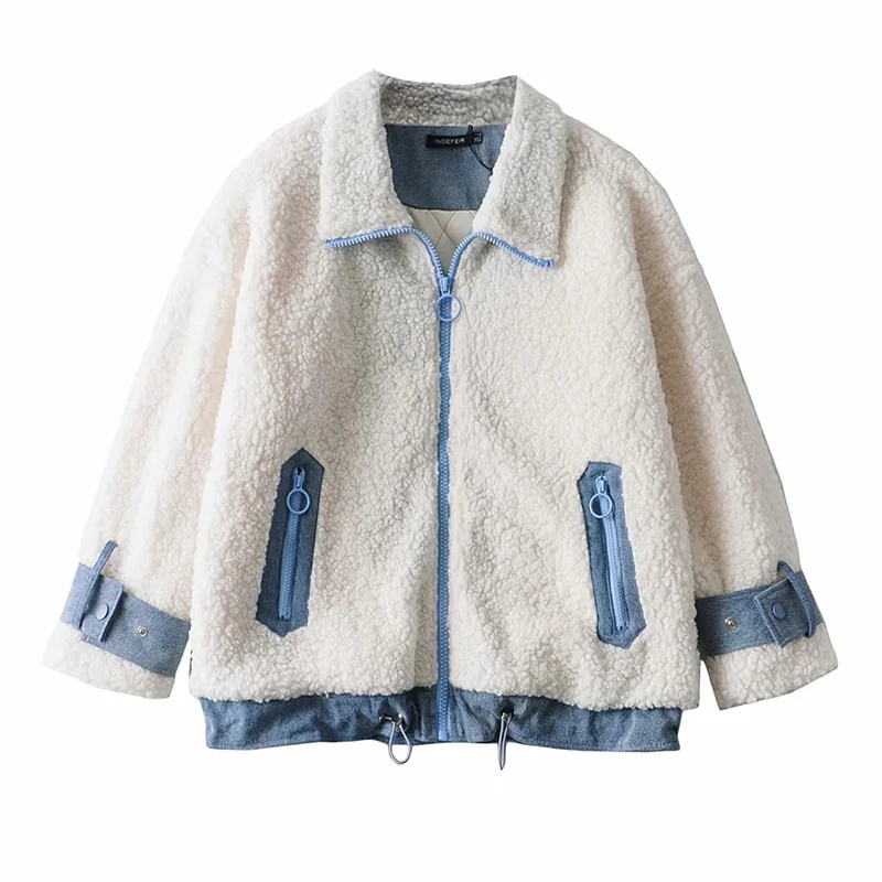 

Winter New Vogue Spliced Drawstring Denim Faux Lamb Fur Coat Women Vogue Zippers Turn-down Collar Cashmere Jacket