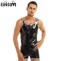 mens lingerie latex body sexy catsuit wetlook sexy clubwear zipper tank style boxer shorts leotard bodysuit for evening party