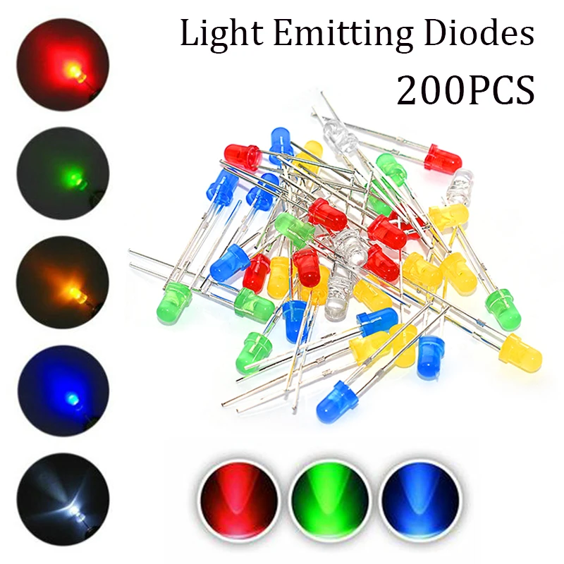 

200PC Leds Light Emitting Diodes DIY electronic 3mm 5mm LED Diode Assorted Kit White Green Red Blue Yellow Orange