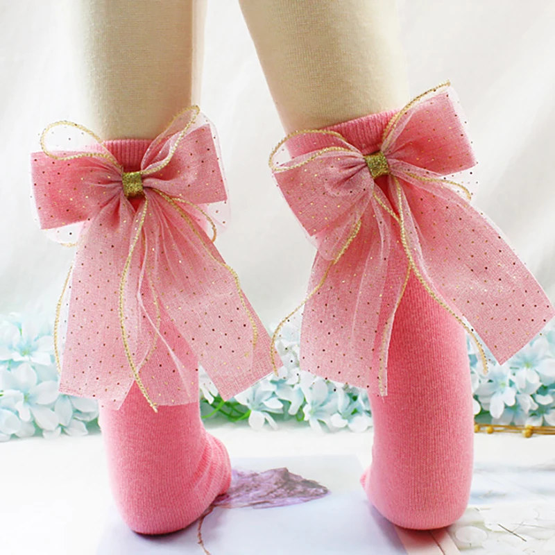 Calcetines de algod&oacute;n hasta la rodilla para ni&ntilde;os y ni&ntilde;as de 0 a 8 a&ntilde;os, calcet&iacute;n suave con lazos grandes, de tubo largo, para la escuela-0