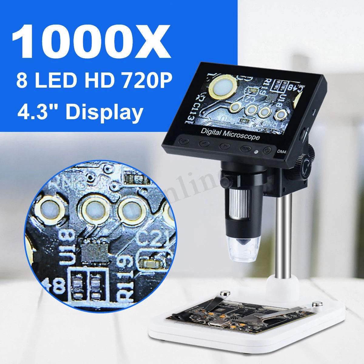 

1000x 2.0MP USB Digital Electronic Microscope DM4 4.3"LCD Display VGA Microscope with 8 LED Stand for PCB Motherboard Repairing