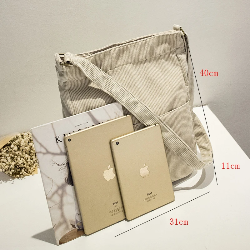 

Beibaobao Women Stripe Corduroy Shoulder Bag Large Capacity Simple Vintage Canvas Female Solid Soft Cloth Handbag