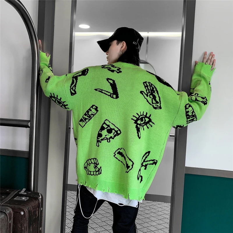 Хип-хоп Pull Homme зеленый свитер с круглым вырезом для мужчин