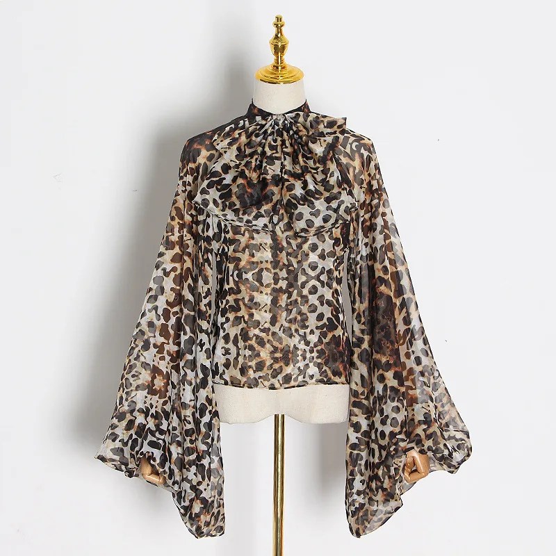 

PYJTRL Women Chiffon Leopard Shirt Female Lace Up Bow Lantern Sleeve Oversize Blouse Summer Fashion Sexy Clothing