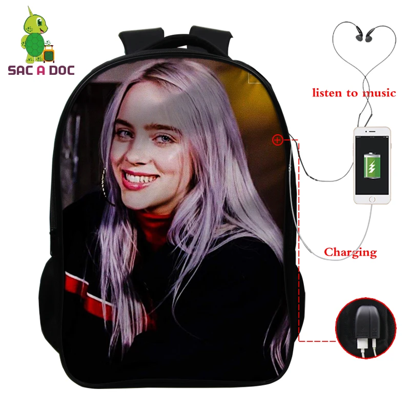 Ярко-розовый Billie Eilish рюкзак, школьные сумки, 16 дюймов, Детские рюкзаки, детский рюкзак для девочек, рюкзак для путешествий, рюкзак с USB зарядкой - Цвет: Ярко-розовый