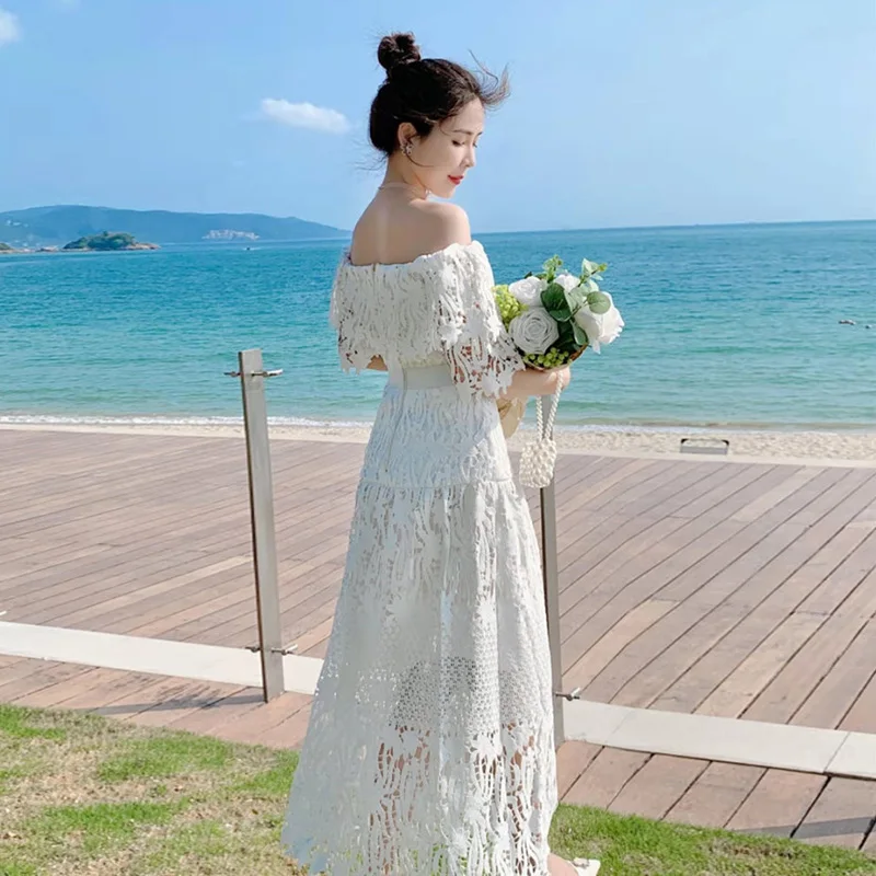 

JSXDHK 2021 Runway Summer Off Shoulder Lace Dress Elegant Women Embroidery Hollow Out Ruffles Sexy Backless Holiday Long Dresses