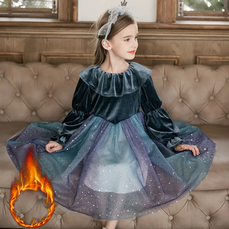 

Girls Party Princess Gown Dress 2020 Autumn Winter New Childrens Fashion Long Sleeve Color Matching Sequin Lace Dress 3-10 Years