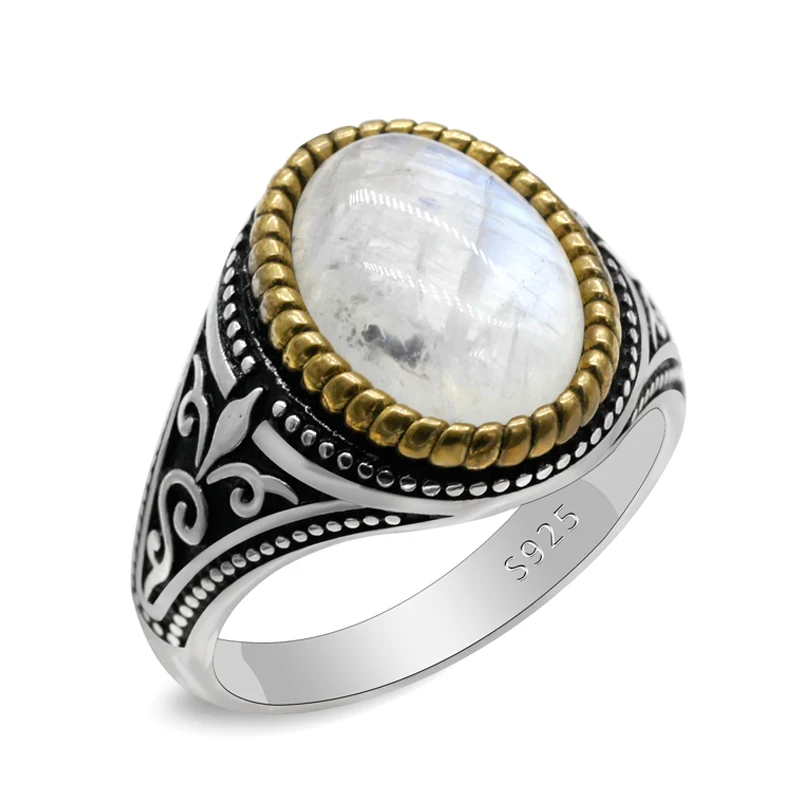 

925 Sterling Silver Natural Moonstone Men's And Women's Ring Auspicious Handmade Turkish Signet Ring Rock Jewelry Men's Gift